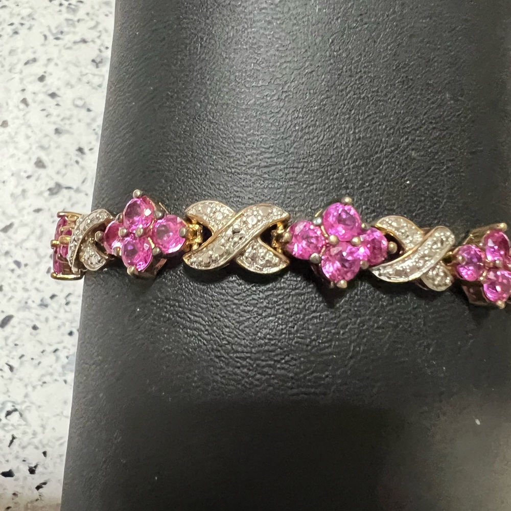 Gold Plated Over 925 Silver Natural Ruby and diamond Tennis Vintage Bracelet